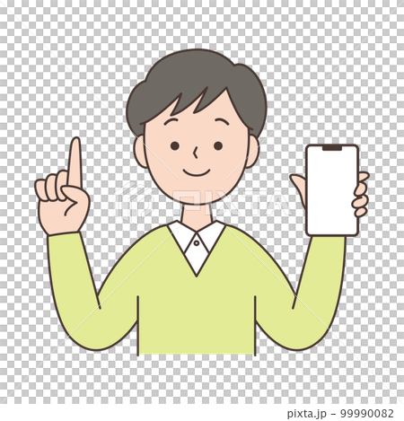 スマホ画面を見せながら指差しポーズする男性 99990082