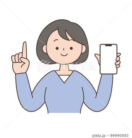 スマホ画面を見せながら指差しポーズする女性 99990083