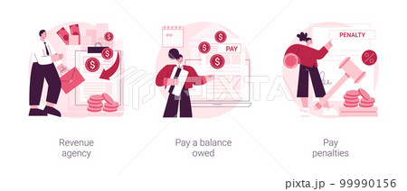 Tax payment abstract concept vector illustration set. Revenue agency, pay a balance owed, pay penalties, credit payment, filing taxes, payroll account, family benefit, GST and HST abstract metaphor. 99990156