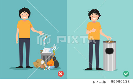 Do not throw cigarette butts on the floor,wrong and right.vector illustration 99990158
