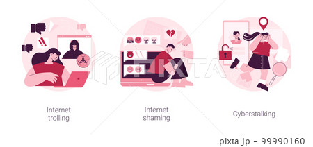Social media aggressive behavior abstract concept vector illustration set. Internet trolling, digital shaming, cyberstalking, internet harassment, mental abuse, cyber crime abstract metaphor. Social media aggressive behavior abstract concept vector illustration set. Internet trolling, digital shaming, cyberstalking, internet harassment, mental abuse, cyber crime abstract metaphor. 99990160