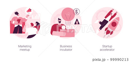 Venture investment abstract concept vector illustration set. Marketing meetup, business incubator, startup accelerator, sharing experience, business internet forum, opportunity abstract metaphor. Venture investment abstract concept vector illustration set. Marketing meetup, business incubator, startup accelerator, sharing experience, business internet forum, opportunity abstract metaphor. 99990213