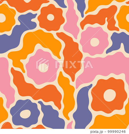 Groovy Flowers and Leaves Seamless Pattern. Floral Vector Background in 1970s Hippie Retro Style 99990246