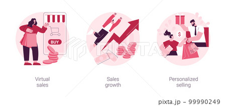 Sales manager abstract concept vector illustration set. Virtual sales, client database growth, personalized selling, telemarketing and virtual call center, brand representative abstract metaphor. 99990249