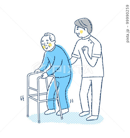 歩行器を使って歩くシニア男性と介助する男性 99990259