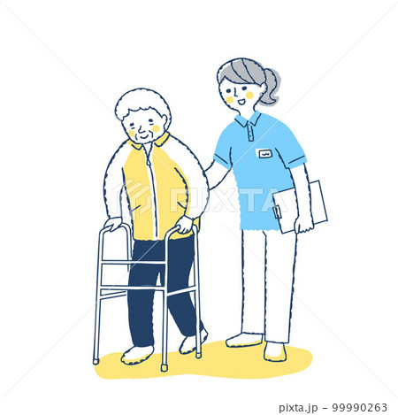 歩行器を使って歩くシニア女性と介助する女性 99990263