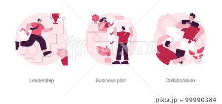 Startup development abstract concept vector illustration set. Leadership and business plan, collaboration, mutual assistance, managing skills, effective communication, entrepreneur abstract metaphor. 99990384