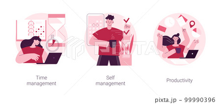 Productivity software abstract concept vector illustration set. Time management, self management, productivity at work, project schedule, employee performance, effective planning abstract metaphor. 99990396