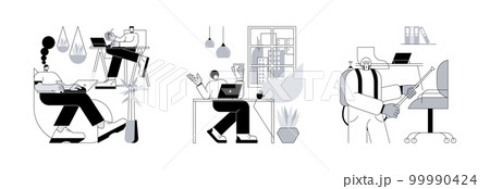 Working conditions abstract concept vector illustration set. Biophilic design in workspace, on-demand urban workplace, office disinfection service, employee safety, nature abstract metaphor. 99990424