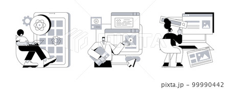 Mobile app development process abstract concept vector illustration set. React native mobile app, experience design, usability testing, user interface, software architecture abstract metaphor. Mobile app development process abstract concept vector illustration set. React native mobile app, experience design, usability testing, user interface, software architecture abstract metaphor. 99990442