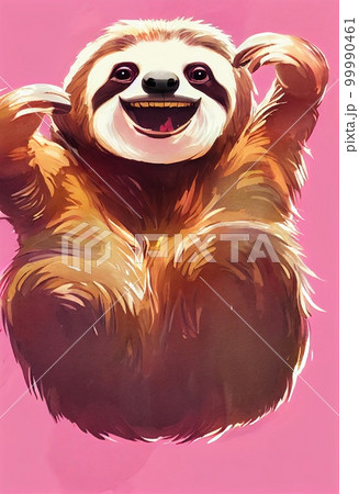 Funny adorable portrait headshot of cute south America sloth. Funny land animal standing facing front. Looking to camera. Watercolor imitation illustration. AI generated vertical artistic poster. 99990461