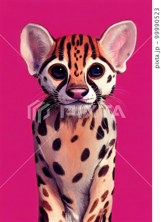 Funny adorable portrait headshot of cute ocelot. South American land animal standing facing front. Looking to camera. Watercolor imitation illustration. AI generated vertical artistic poster. 99990523