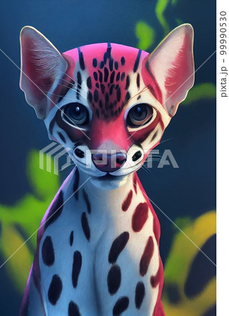 Funny adorable portrait headshot of cute ocelot. South American land animal standing facing front. Looking to camera. Watercolor imitation illustration. AI generated vertical artistic poster. 99990530
