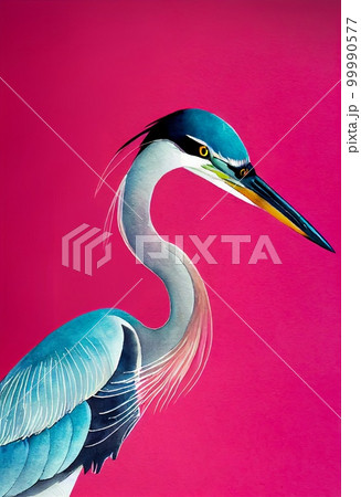 Funny adorable portrait headshot of cute heron bird. South American flying animal. Watercolor imitation illustration. AI generated vertical artistic poster. 99990577