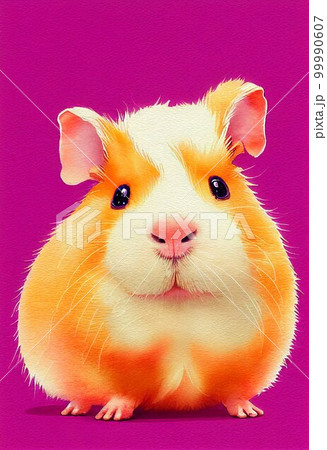 Funny adorable portrait headshot of cute guinea pig. South American land animal standing facing front. Looking to camera. Watercolor imitation illustration. AI generated vertical artistic poster. 99990607
