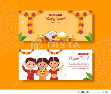 Happy Tamil New Year Horizontal Banner Flat Cartoon Hand Drawn Templates Background Illustration 99990640