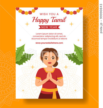 Happy Tamil New Year Vertical Poster Cartoon Hand Drawn Templates Background Illustration 99990643