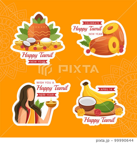 Happy Tamil New Year Label Flat Cartoon Hand Drawn Templates Background Illustration 99990644
