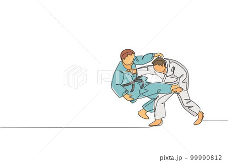 Single continuous line drawing of two young sportive judoka fighter men practice judo skill at dojo gym center. Fighting jujitsu, aikido sport concept. Trendy one line draw design vector illustration 99990812
