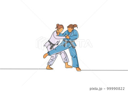 One continuous line drawing two young sporty women training judo technique at sports hall. Jiu jitsu battle fight sport competition concept. Dynamic single line draw design vector graphic illustration One continuous line drawing two young sporty women training judo technique at sports hall. Jiu jitsu battle fight sport competition concept. Dynamic single line draw design vector graphic illustration 99990822