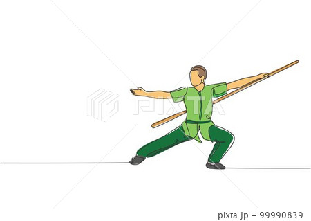 Single continuous line drawing of young man wushu fighter, kung fu master in uniform training with long staff at dojo center. Fighting contest concept. Trendy one line draw design vector illustration Single continuous line drawing of young man wushu fighter, kung fu master in uniform training with long staff at dojo center. Fighting contest concept. Trendy one line draw design vector illustration 99990839