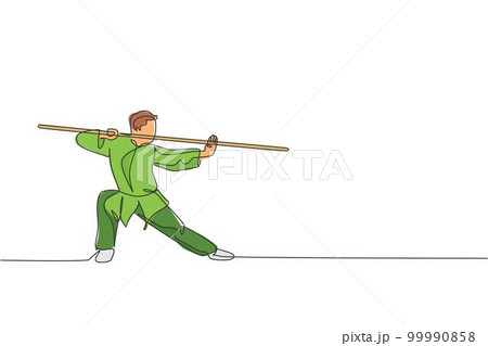 One continuous line drawing of young wushu master man, kung fu warrior in kimono with long staff on training. Martial art sport contest concept. Dynamic single line draw design vector illustration 99990858