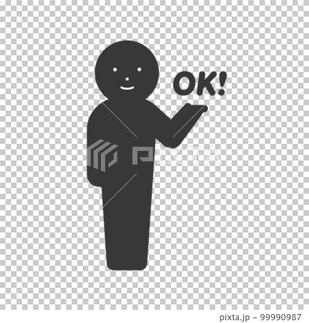 OK!の文字を持って笑顔立っている人のアイコン･ピクトグラム - オーケー･承認･了解のイメージ 99990987