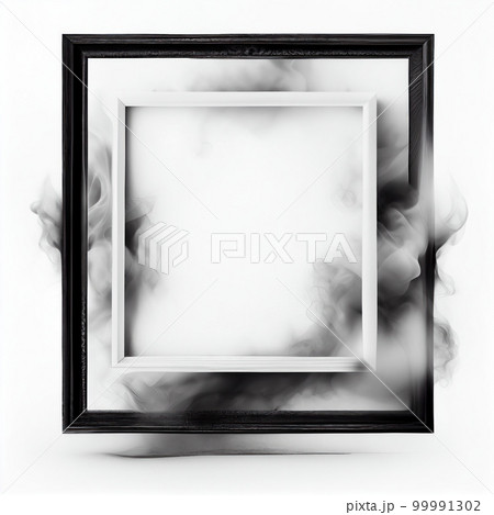 Black swirling smoke square frame isolated on white background. Black color abstract smooth flowing vapour. Ai generated geometric square frame design. 99991302