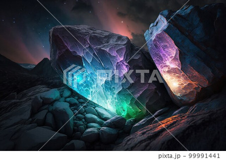Fantasy stones abstract background with neon lights. Mystery stone texture, nothern lights colors, mystery lighting. Ai generated horizontal illustration with fantasy neon pebbles. 99991441