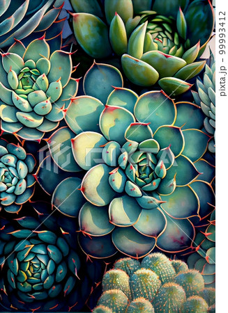 Succulent plants abstract pattern. Artistic drawn bright flowers and buds painting. AI generated creative decorative floral green realistic vertical poster. Succulent plants abstract pattern. Artistic drawn bright flowers and buds painting. AI generated creative decorative floral green realistic vertical poster. 99993412