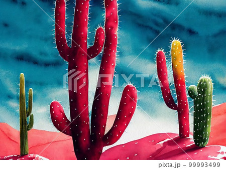 Colorful cactus decorative horizontal watercolor poster. Artistic drawn bright cactuses in desert painting. AI generated creative decorative bright watercolor horizontal interior poster. 99993499