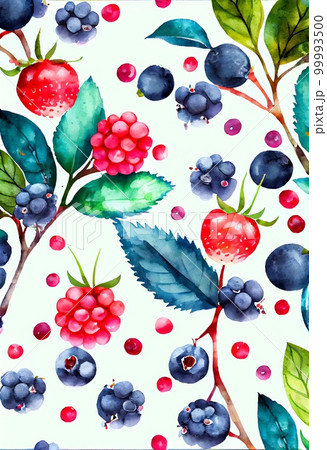 Forest berries watercolor abstract background. Artistic drawn bright raspberry and blueberry painting. AI generated creative decorative berries watercolor vertical poster. Forest berries watercolor abstract background. Artistic drawn bright raspberry and blueberry painting. AI generated creative decorative berries watercolor vertical poster. 99993500