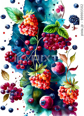 Forest berries watercolor abstract background. Artistic drawn bright raspberry and blueberry painting. AI generated creative decorative berries watercolor vertical poster. Forest berries watercolor abstract background. Artistic drawn bright raspberry and blueberry painting. AI generated creative decorative berries watercolor vertical poster. 99993502
