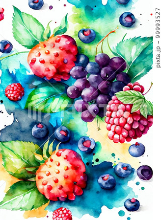 Forest berries watercolor abstract background. Artistic drawn bright raspberry and blueberry painting. AI generated creative decorative berries watercolor vertical poster. Forest berries watercolor abstract background. Artistic drawn bright raspberry and blueberry painting. AI generated creative decorative berries watercolor vertical poster. 99993527