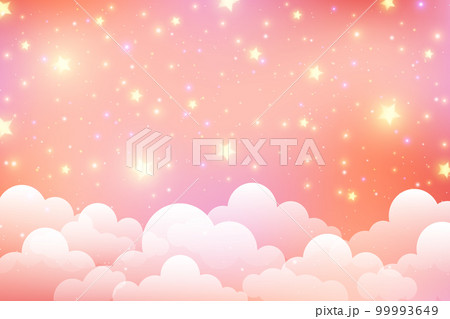 Pastel sky background with clouds and star. Fantasy soft color landscape. Cartoon fairy peach illustration. Vector gradient wallpaper 99993649
