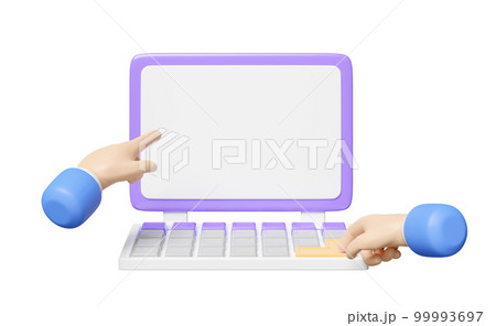 3d businessman using laptop with blank computer screen isolated. template, mockup concept, 3d render illustration 99993697