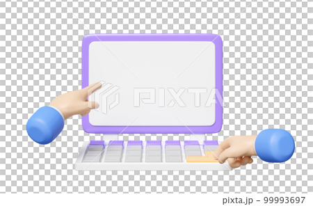3d businessman using laptop with blank computer screen isolated. template, mockup concept, 3d render illustration 99993697