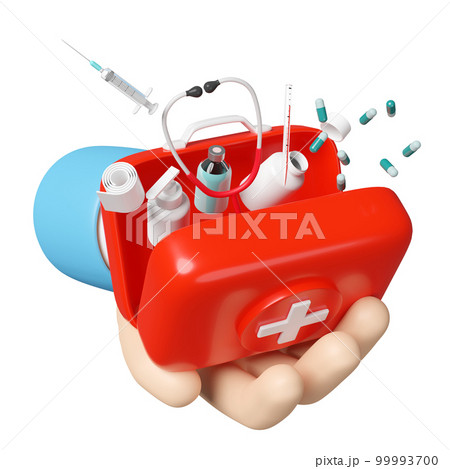 3d hand hold red first aid kit open icon isolated. 3d render illustration 3d hand hold red first aid kit open icon isolated. 3d render illustration 99993700