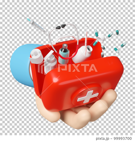 3d hand hold red first aid kit open icon isolated. 3d render illustration 3d hand hold red first aid kit open icon isolated. 3d render illustration 99993700