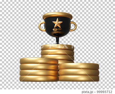 Golden champion cup or trophies with gold dollar coins stacks isolated. financial success concept, 3d render illustration 99993712