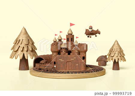 3d wooden amusement park toy concept with pilot, propeller plane, locomotive, railroad tracks, landscape, castle, towers isolated on cream background. 3d render illustration, clipping path 3d wooden amusement park toy concept with pilot, propeller plane, locomotive, railroad tracks, landscape, castle, towers isolated on cream background. 3d render illustration, clipping path 99993719