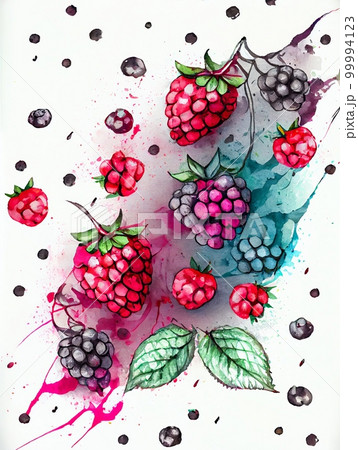 Forest berries watercolor abstract background. Artistic drawn bright raspberry and blueberry painting. AI generated creative decorative berries watercolor vertical poster. 99994123