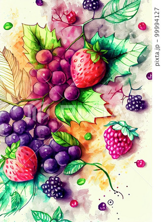 Forest berries watercolor abstract background. Artistic drawn bright raspberry and blueberry painting. AI generated creative decorative berries watercolor vertical poster. 99994127