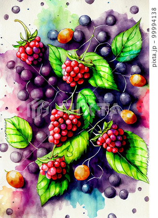Forest berries watercolor abstract background. Artistic drawn bright raspberry and blueberry painting. AI generated creative decorative berries watercolor vertical poster. Forest berries watercolor abstract background. Artistic drawn bright raspberry and blueberry painting. AI generated creative decorative berries watercolor vertical poster. 99994138