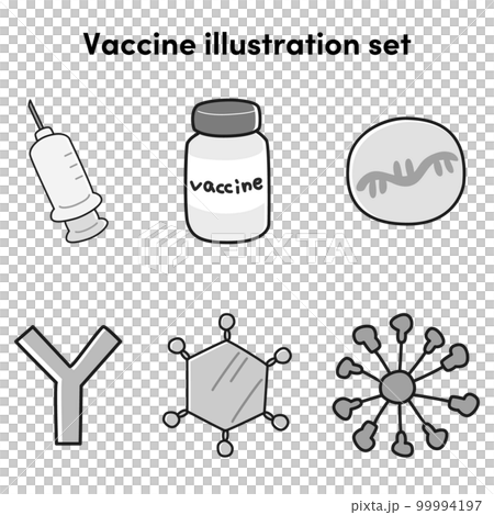 ワクチンのイメージイラストセット（注射器、抗体、薬）白黒 99994197