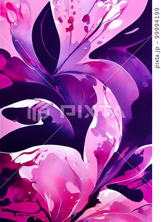 Abstract magenta and purple flower bouquet with paint splashes on multicolor background. Decorative liquid watercolor painting, bright colors. AI generated vertical floral poster. 99994199