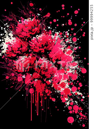 Abstract red flowers and paint splashes on black background. Decorative liquid acrylic painting with flowers and herbs, bright ruby red colors. AI generated vertical floral poster. Abstract red flowers and paint splashes on black background. Decorative liquid acrylic painting with flowers and herbs, bright ruby red colors. AI generated vertical floral poster. 99994255