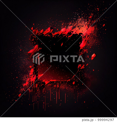 A square frame with red paint splashes on black background. Liquid paint pouring texture. Ai generated abstract illustration with black square frame covered with colorful drops. 99994297