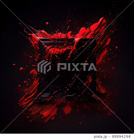 A square frame with red paint splashes on black background. Liquid paint pouring texture. Ai generated abstract illustration with black square frame covered with colorful drops. 99994298