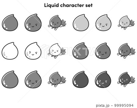 しずくのキャラクターセット（水分、汗、涙、うるおい、血液、美容クリームなど）キャラクター（白黒） 99995094